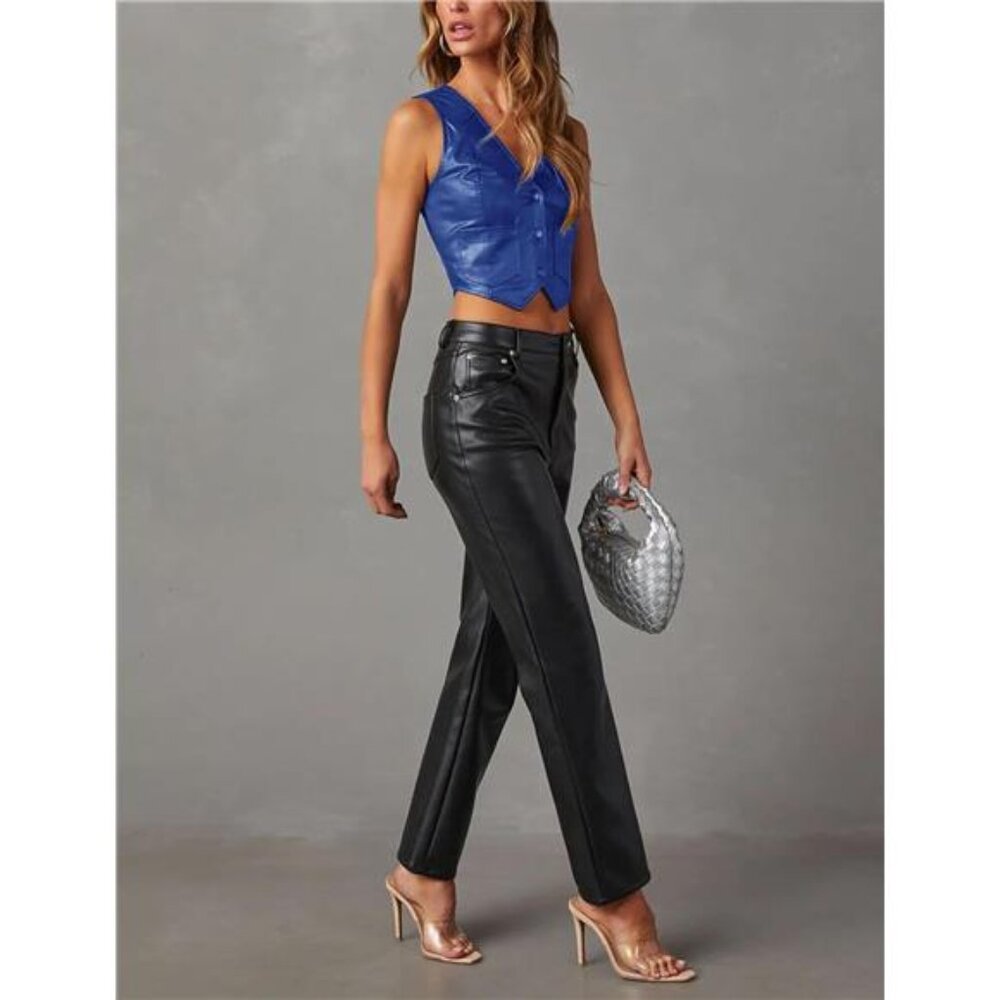 Women's Faux Leather V Neck Button Up Crop Vest Waistcoat - Casual Sleeveless - Picture 3 of 6